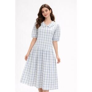 Vintage Putumayo NY Blue Plaid Cotton Dress – Peter Pan Collar – Cottagecore (M)